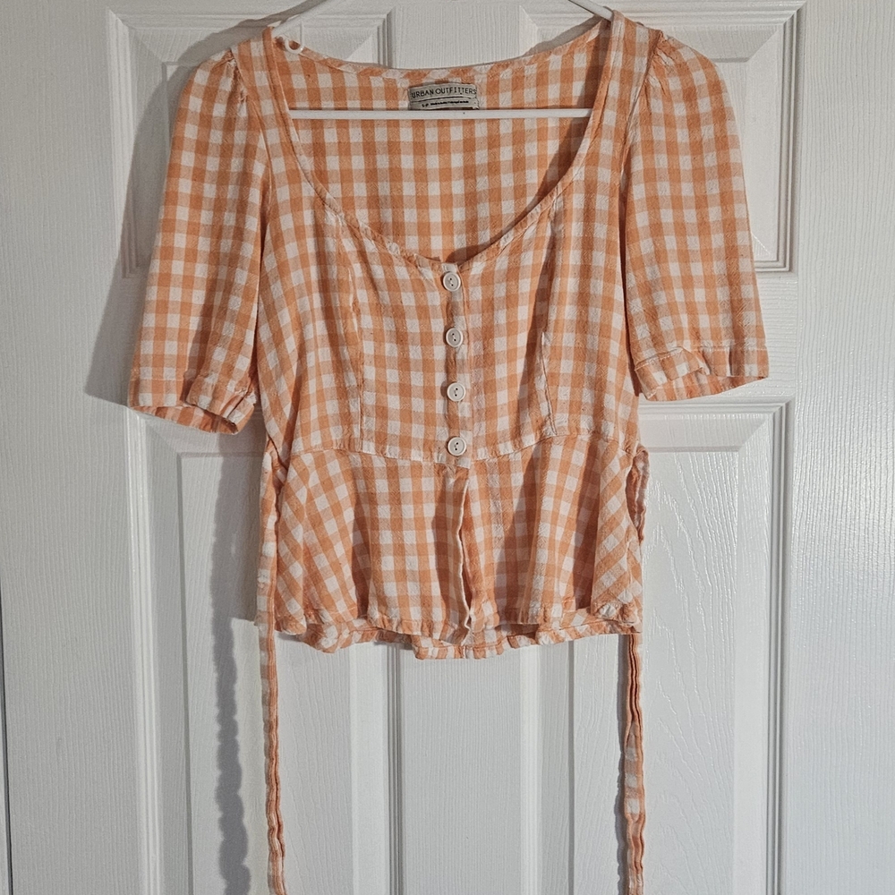 Urban Outfitters Womens SP Orange and White Gingham Button Crop Top Tie Side